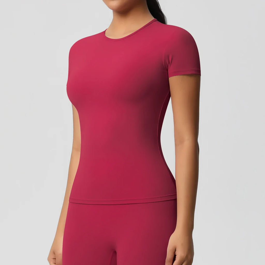 Women Running Sports T Shirt Summer Short Sleeve Breathable Stretchy Round Neck Gym Yoga Slim Fitness Active Top