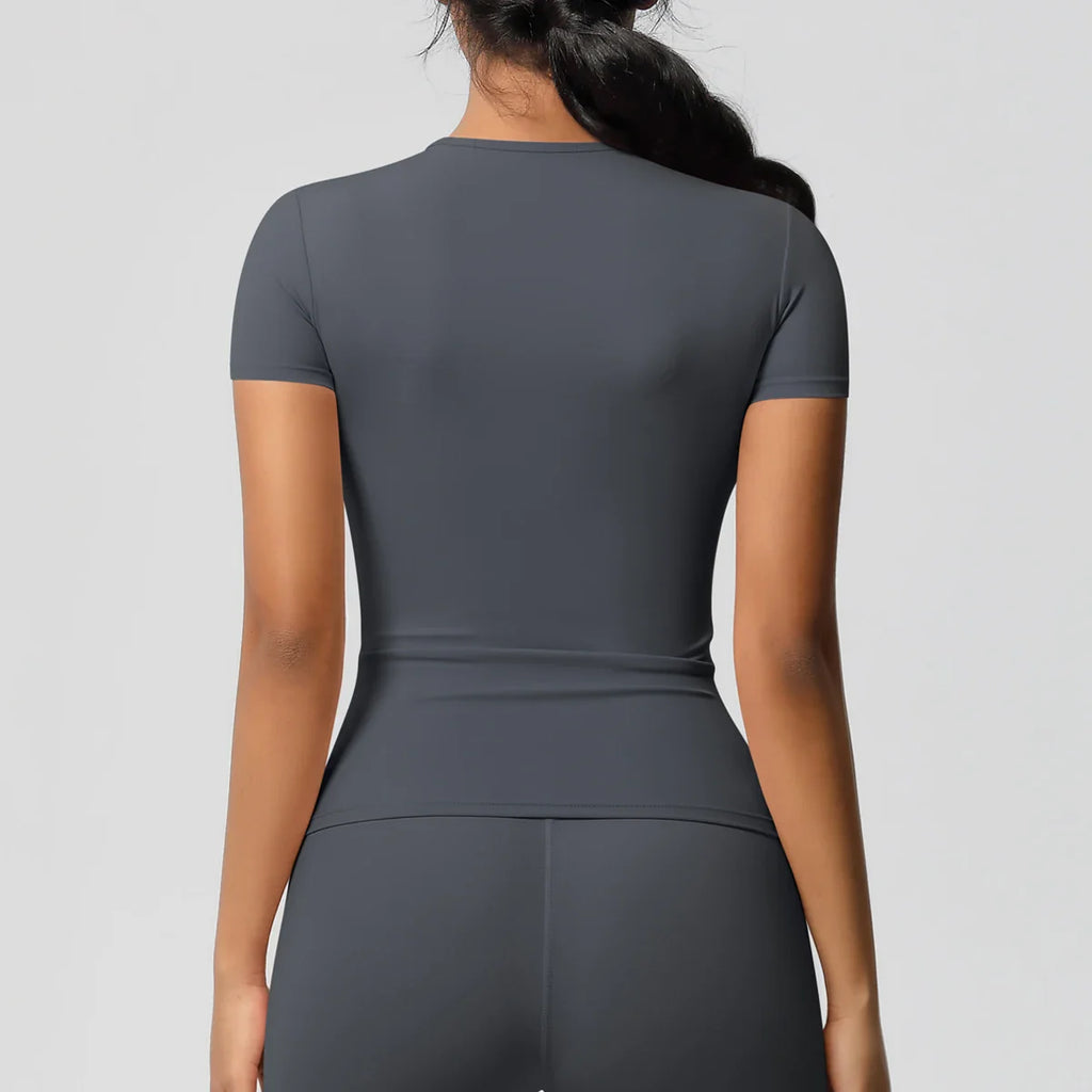 Women Running Sports T Shirt Summer Short Sleeve Breathable Stretchy Round Neck Gym Yoga Slim Fitness Active Top