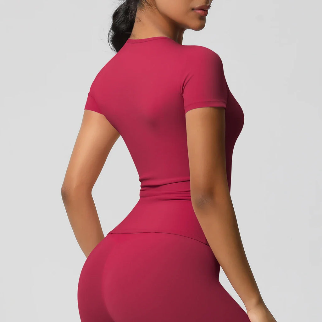 Women Running Sports T Shirt Summer Short Sleeve Breathable Stretchy Round Neck Gym Yoga Slim Fitness Active Top