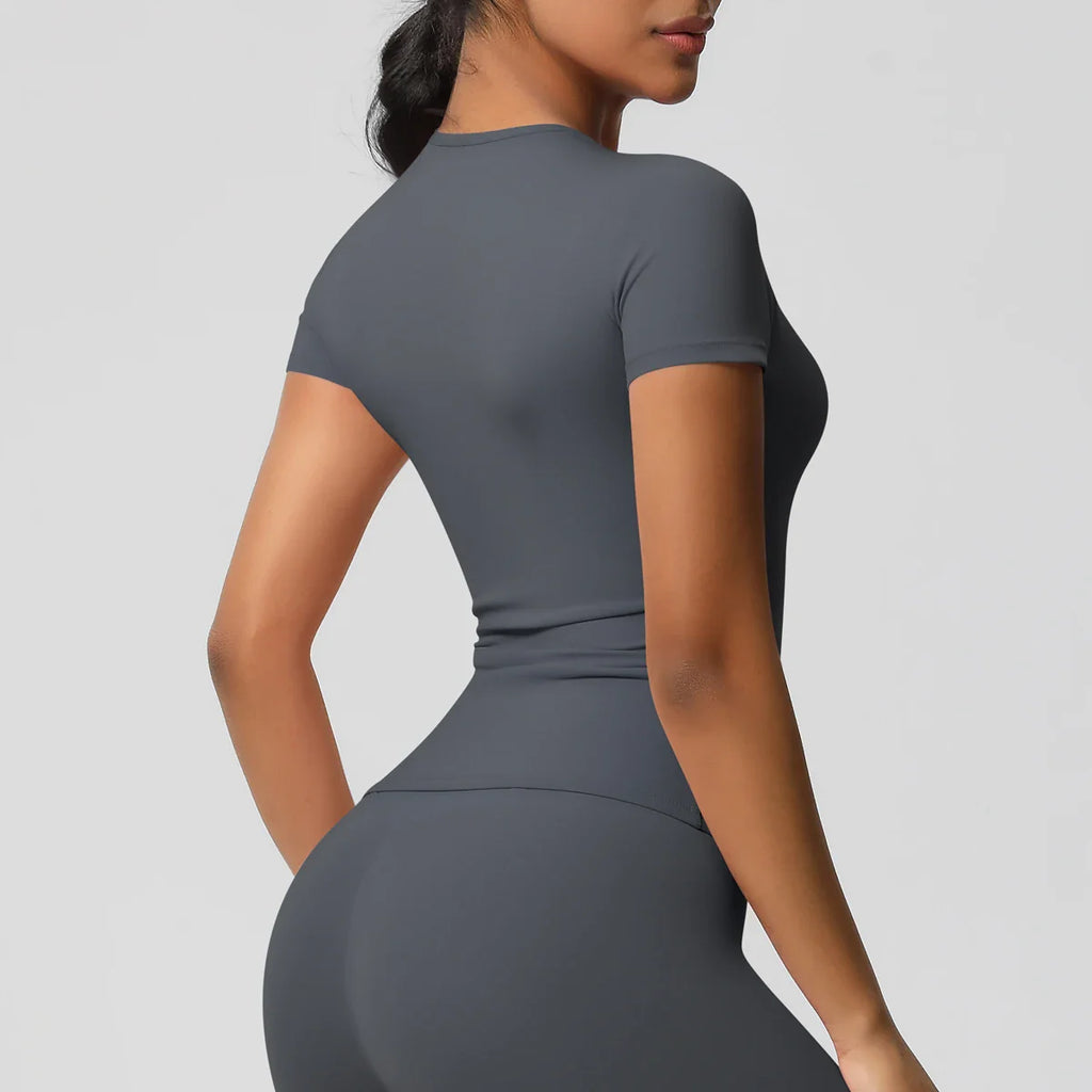 Women Running Sports T Shirt Summer Short Sleeve Breathable Stretchy Round Neck Gym Yoga Slim Fitness Active Top