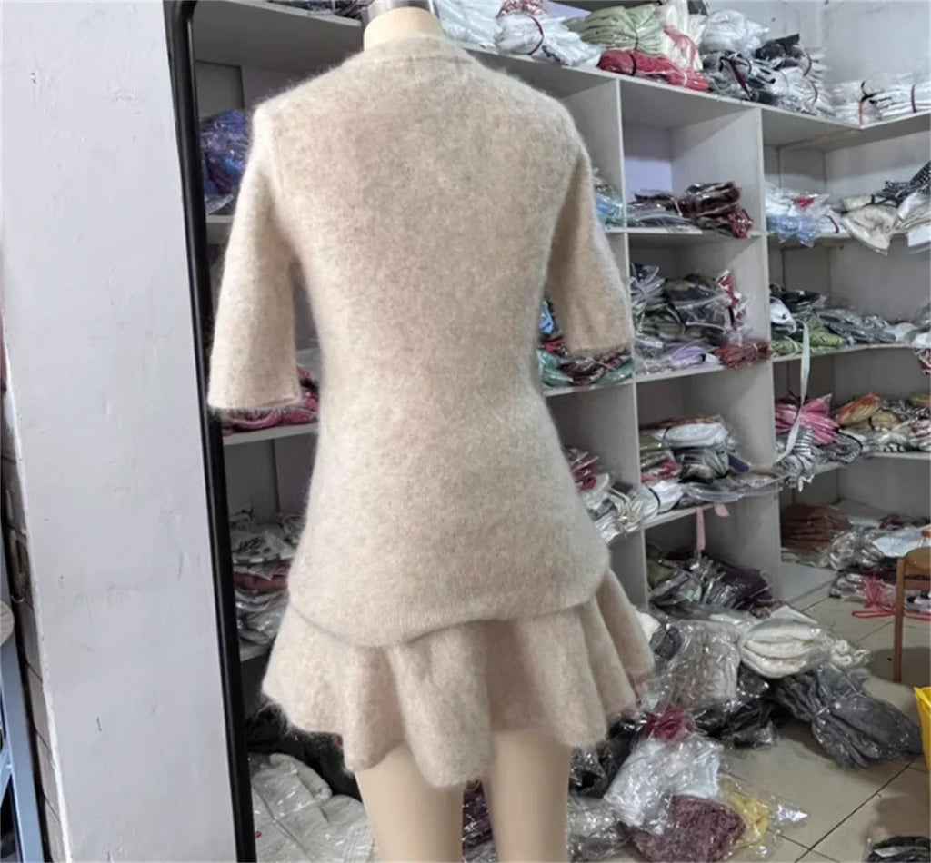 Elegant Knitted Two Piece Mini Skirt Set for Women with O Neck Short Sleeve Top and High Waist Skirt Perfect for Autumn Fashion