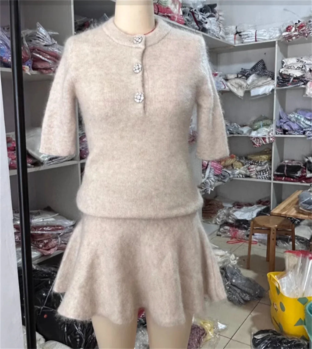 Elegant Knitted Two Piece Mini Skirt Set for Women with O Neck Short Sleeve Top and High Waist Skirt Perfect for Autumn Fashion