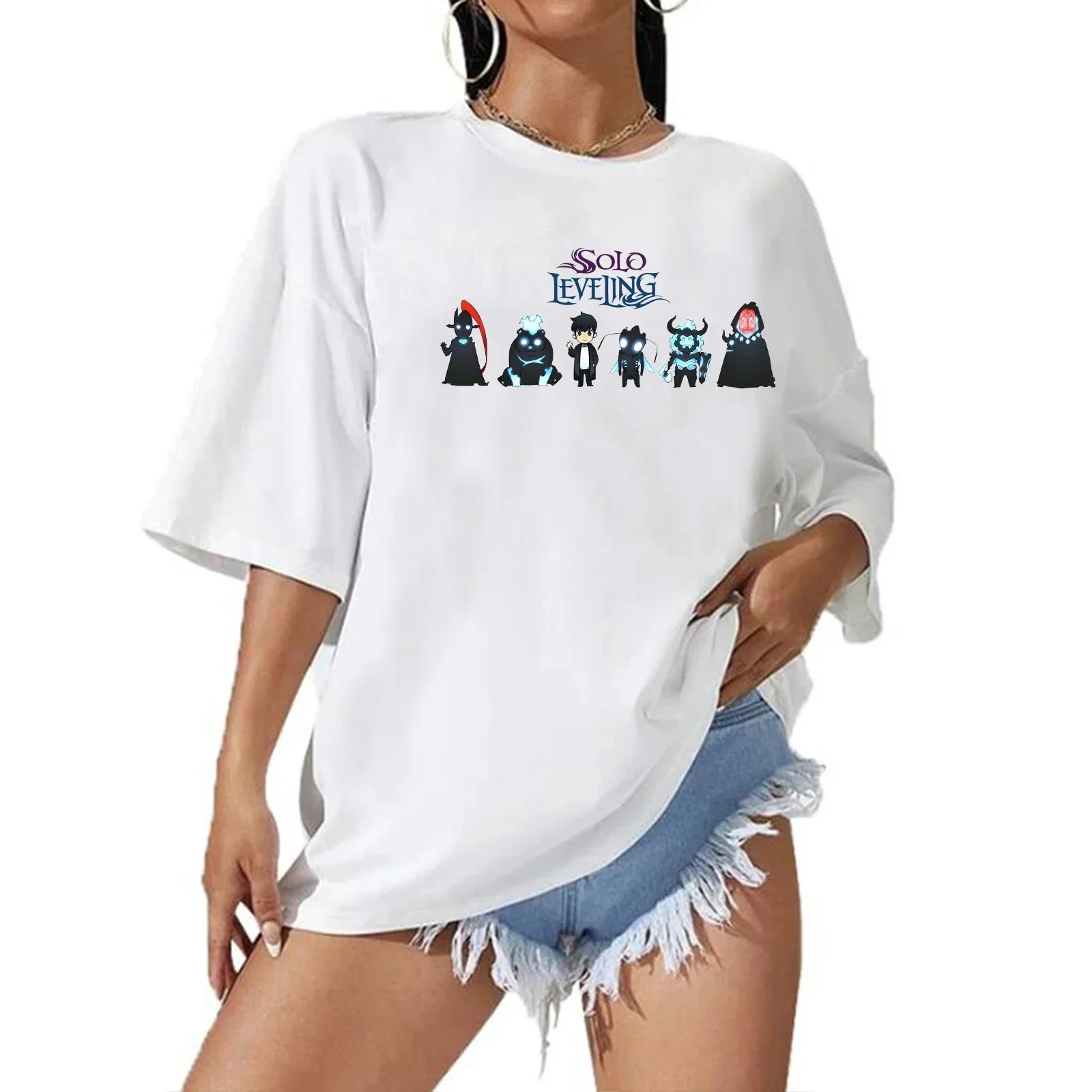 Solo Leveling Anime Graphic Extra Large O-Neck Short Sleeve T-Shirt Casual Streetwear for Women