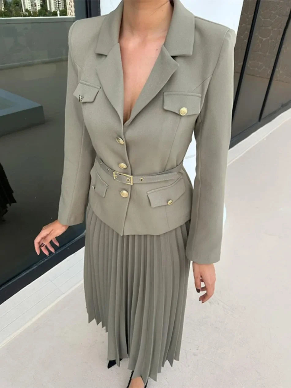 Elegant Black Two-Piece Set with Full Sleeve Blazer and Maxi Pleated Skirt Belted Spring Suit Coat for Women