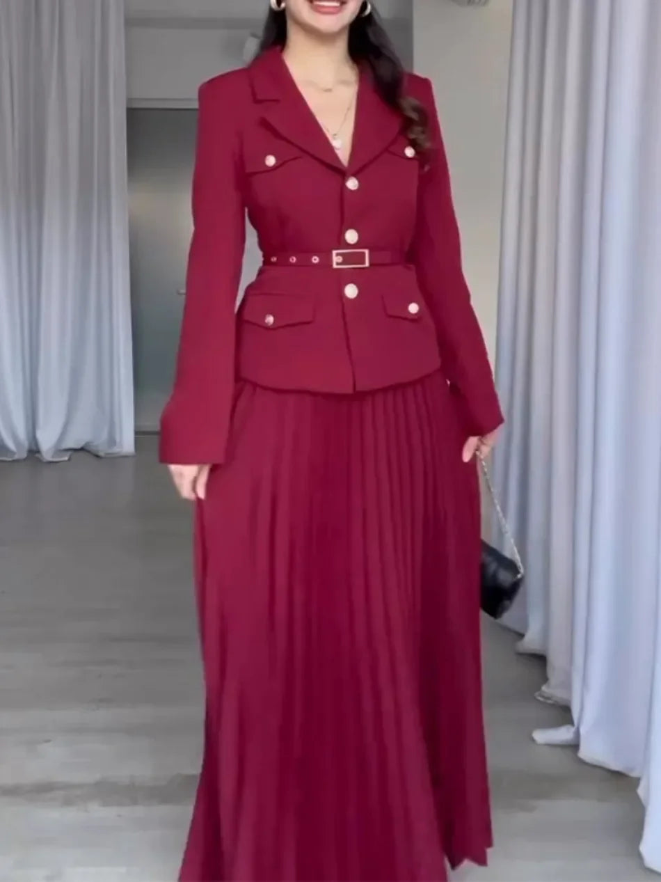 Elegant Black Two-Piece Set with Full Sleeve Blazer and Maxi Pleated Skirt Belted Spring Suit Coat for Women