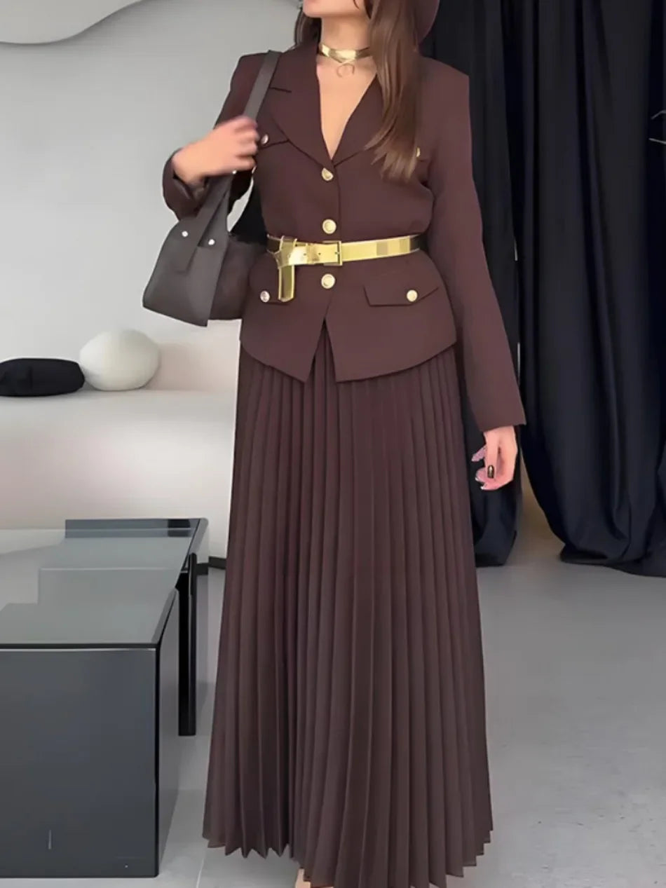 Elegant Black Two-Piece Set with Full Sleeve Blazer and Maxi Pleated Skirt Belted Spring Suit Coat for Women