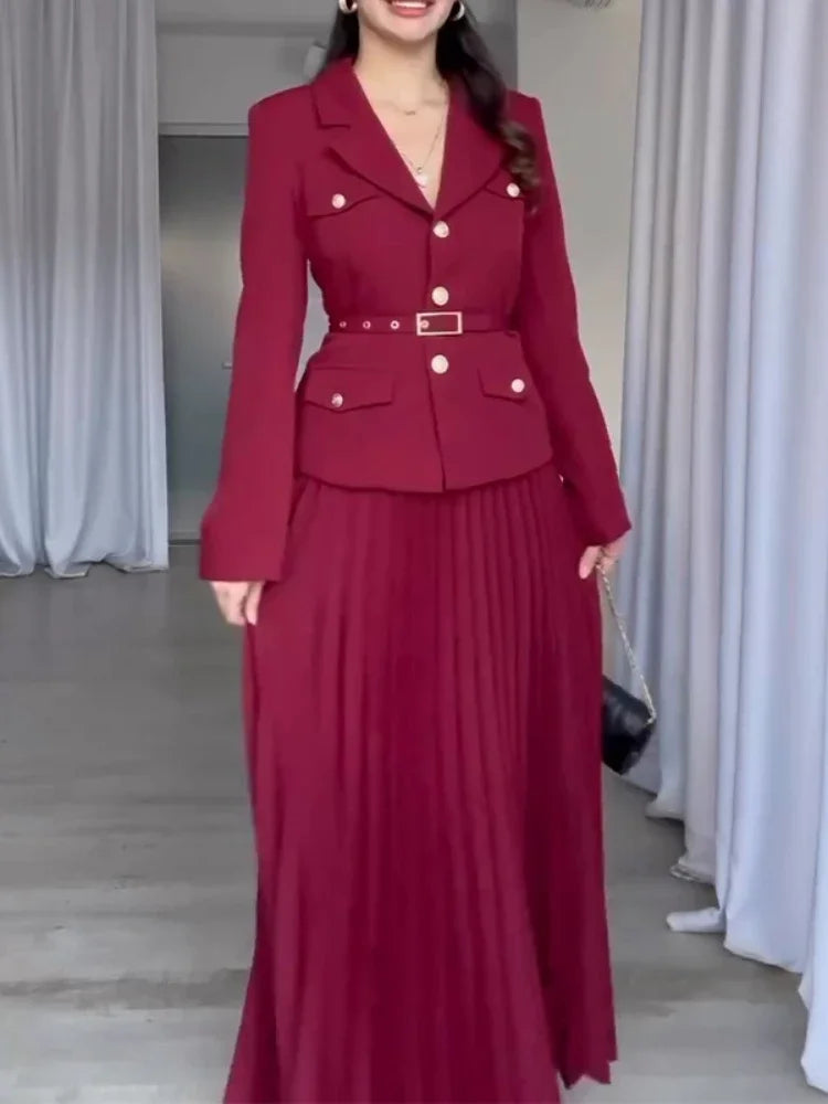 Elegant Black Two-Piece Set with Full Sleeve Blazer and Maxi Pleated Skirt Belted Spring Suit Coat for Women