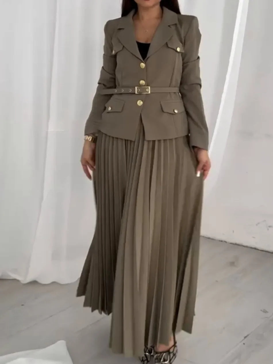 Elegant Black Two-Piece Set with Full Sleeve Blazer and Maxi Pleated Skirt Belted Spring Suit Coat for Women