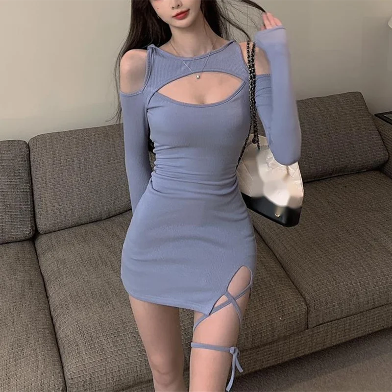 Sexy Women Mini Dress with Lace Up Bandage Design Long Sleeve Hollow Out Elegance for Spring and Autumn