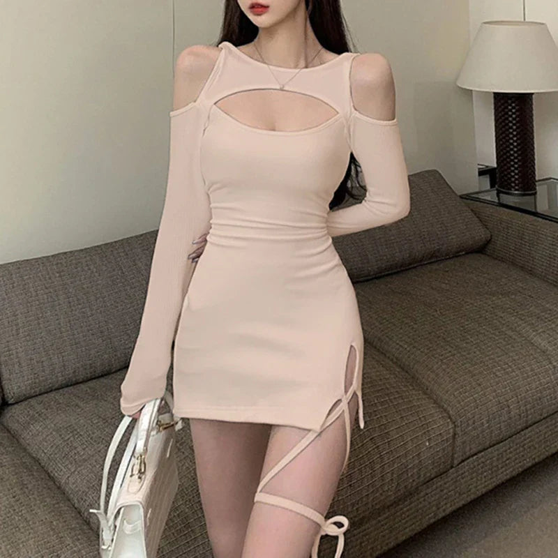 Sexy Women Mini Dress with Lace Up Bandage Design Long Sleeve Hollow Out Elegance for Spring and Autumn