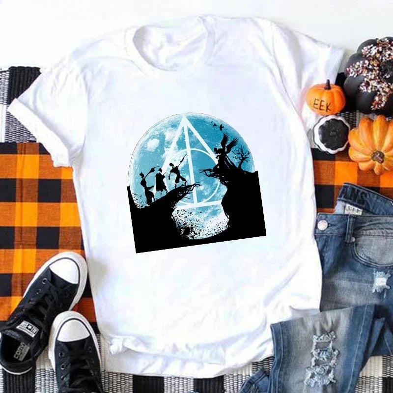 Women's Summer Casual T-Shirt with Deathly Hallows and Three Brothers Print White Round Neck Short Sleeve Top