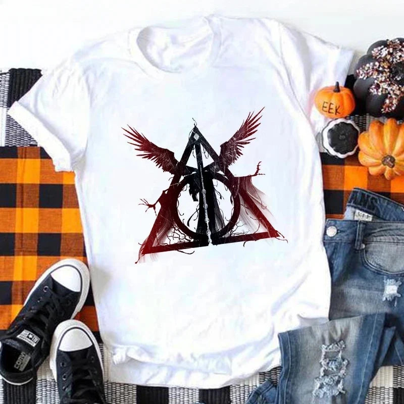 Women's Summer Casual T-Shirt with Deathly Hallows and Three Brothers Print White Round Neck Short Sleeve Top