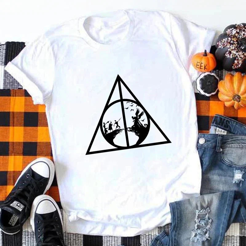 Women's Summer Casual T-Shirt with Deathly Hallows and Three Brothers Print White Round Neck Short Sleeve Top