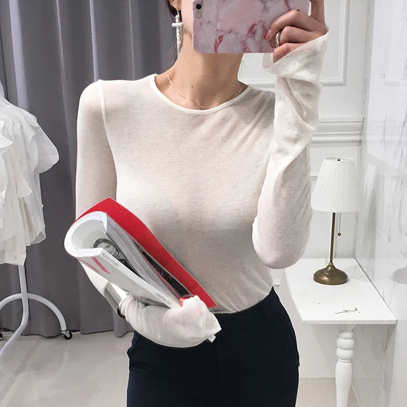 Slim Fit Long Sleeve Women's T-Shirt Stretchy Basic Soft Knit Top Stylish Casual Tee