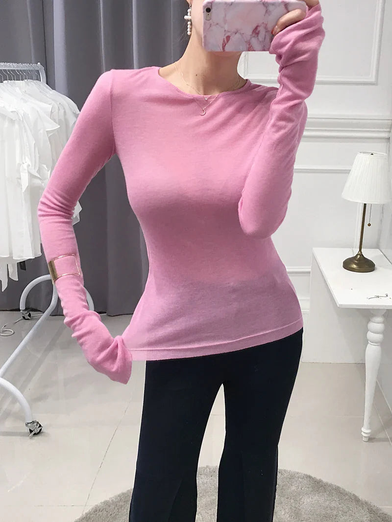 Slim Fit Long Sleeve Women's T-Shirt Stretchy Basic Soft Knit Top Stylish Casual Tee