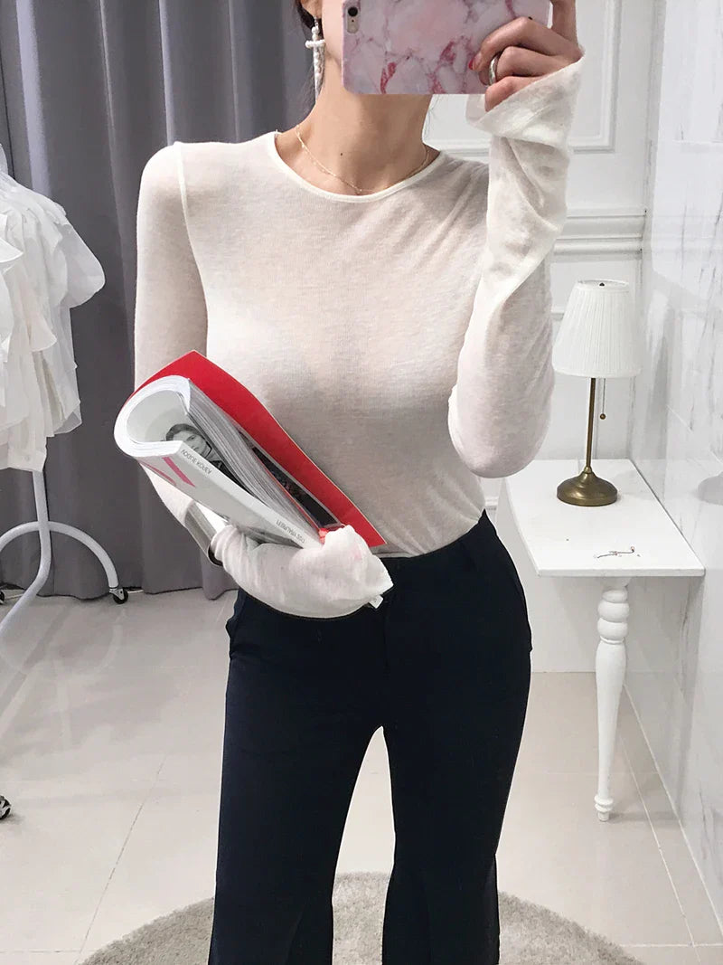 Slim Fit Long Sleeve Women's T-Shirt Stretchy Basic Soft Knit Top Stylish Casual Tee