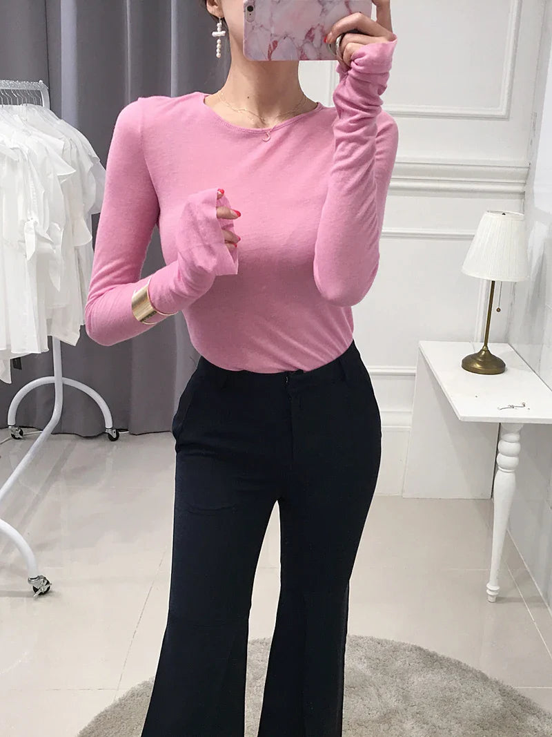 Slim Fit Long Sleeve Women's T-Shirt Stretchy Basic Soft Knit Top Stylish Casual Tee