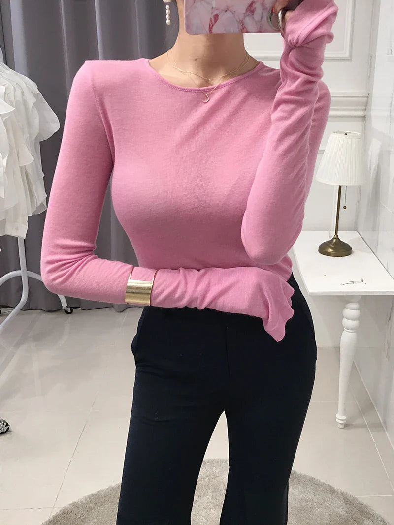Slim Fit Long Sleeve Women's T-Shirt Stretchy Basic Soft Knit Top Stylish Casual Tee