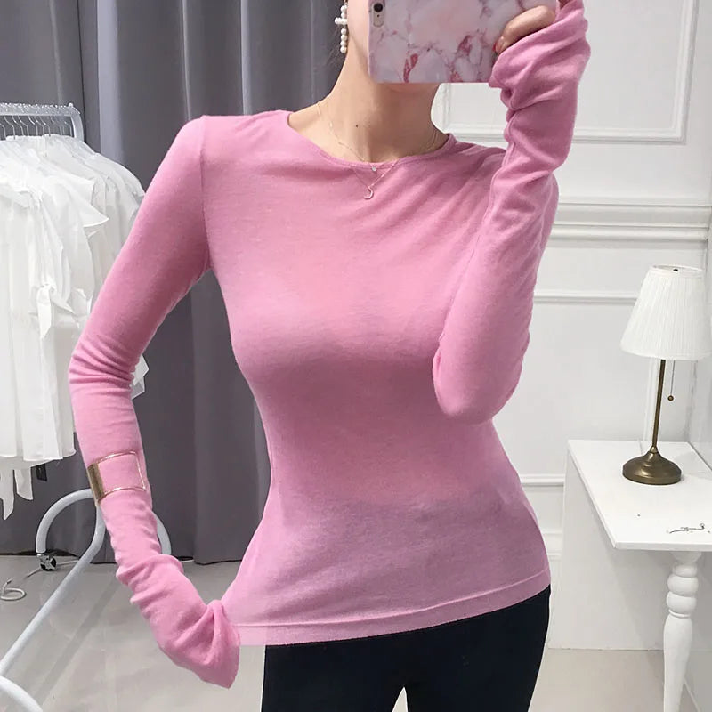 Slim Fit Long Sleeve Women's T-Shirt Stretchy Basic Soft Knit Top Stylish Casual Tee