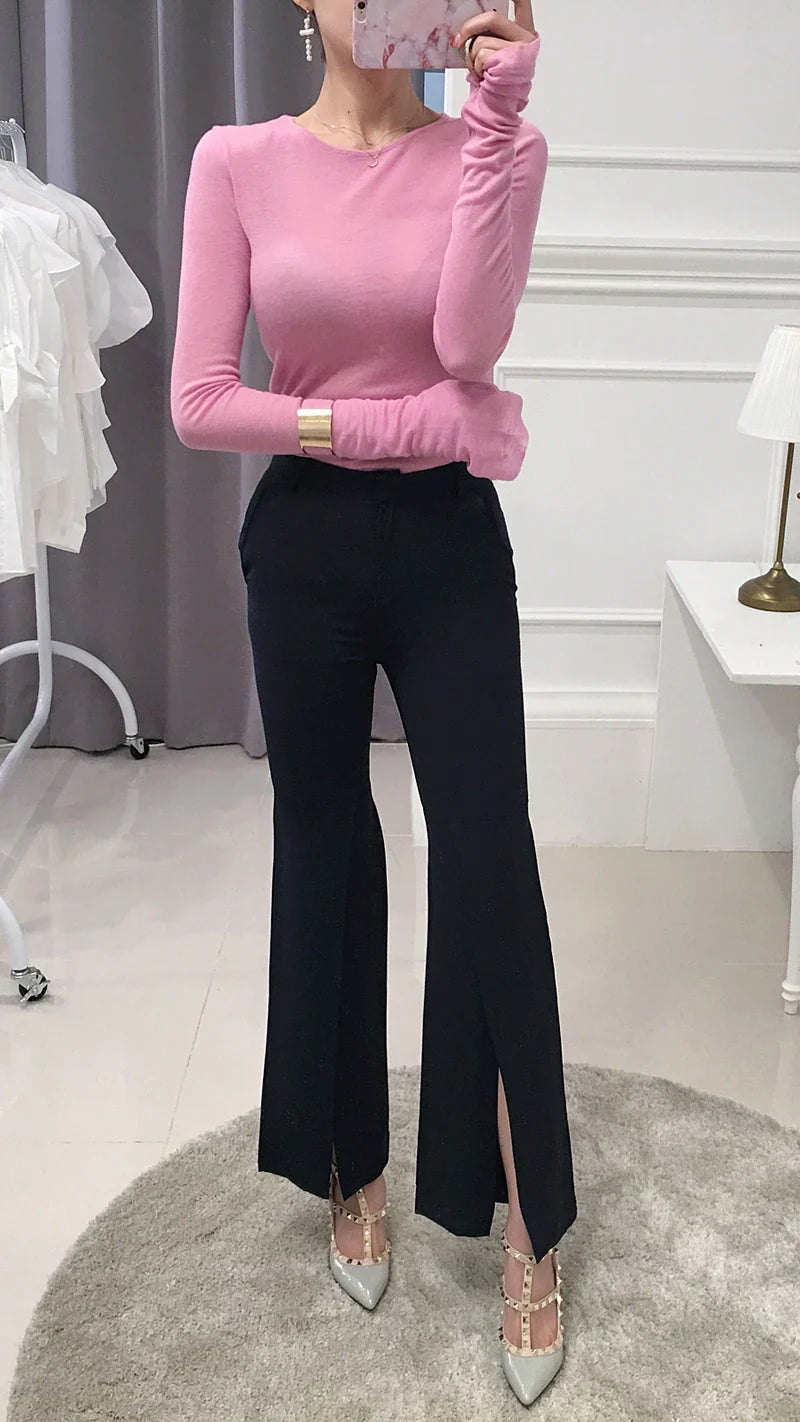 Slim Fit Long Sleeve Women's T-Shirt Stretchy Basic Soft Knit Top Stylish Casual Tee