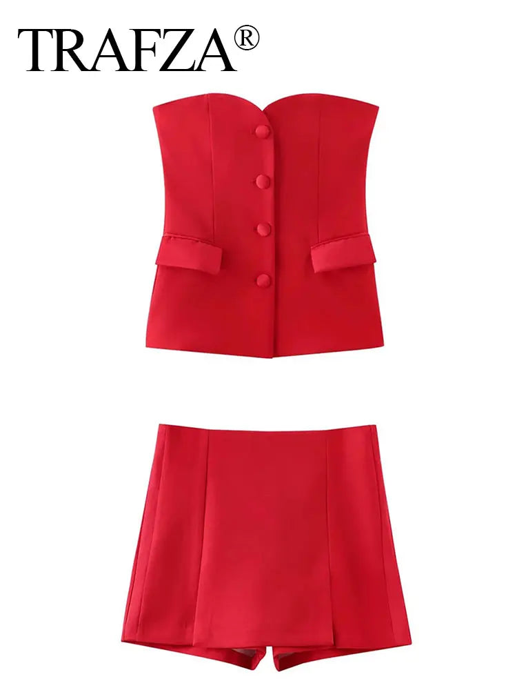 Casual Red Tube Top and Slim Slit Shorts Set for Women with Front Button Corset Detail Summer Office Lady Outfit