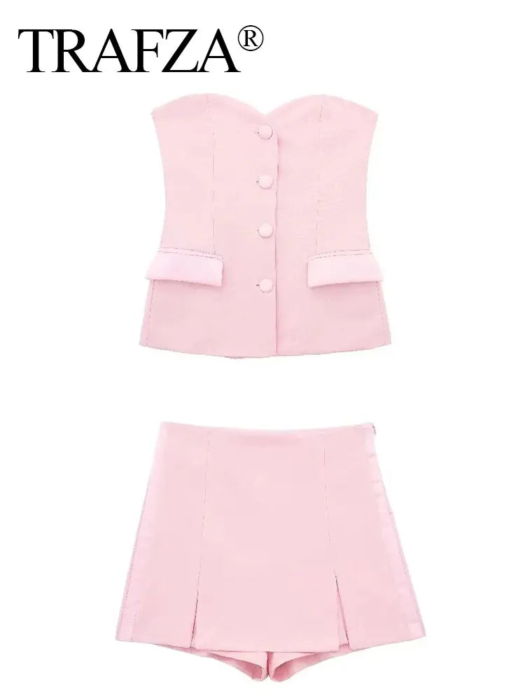 Casual Red Tube Top and Slim Slit Shorts Set for Women with Front Button Corset Detail Summer Office Lady Outfit