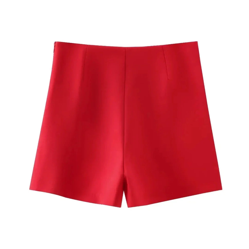 Casual Red Tube Top and Slim Slit Shorts Set for Women with Front Button Corset Detail Summer Office Lady Outfit