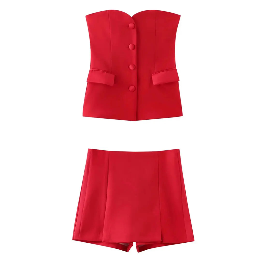 Casual Red Tube Top and Slim Slit Shorts Set for Women with Front Button Corset Detail Summer Office Lady Outfit