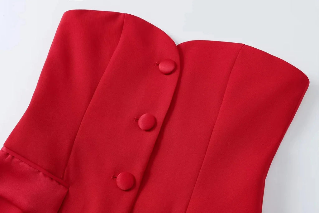 Casual Red Tube Top and Slim Slit Shorts Set for Women with Front Button Corset Detail Summer Office Lady Outfit