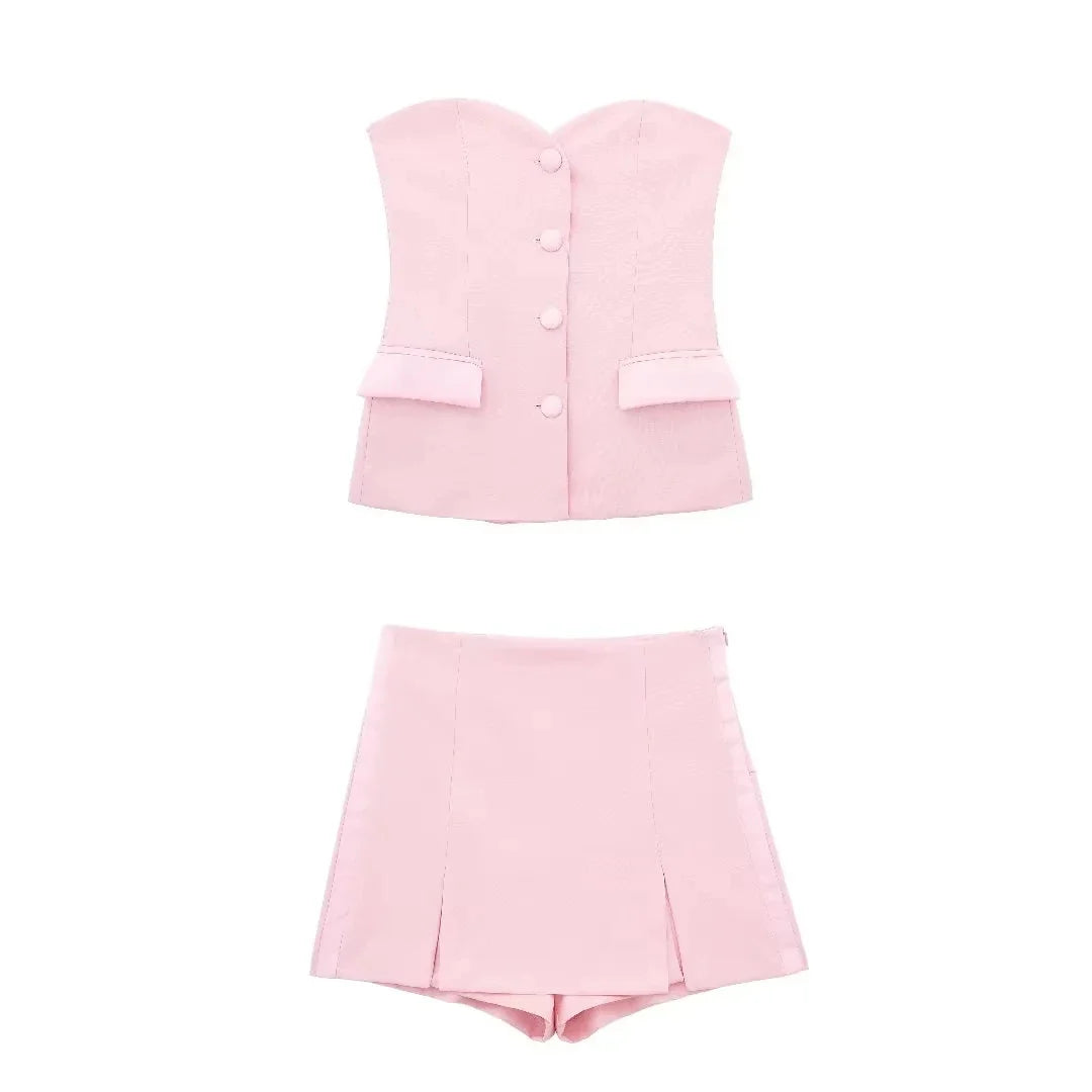 Casual Red Tube Top and Slim Slit Shorts Set for Women with Front Button Corset Detail Summer Office Lady Outfit