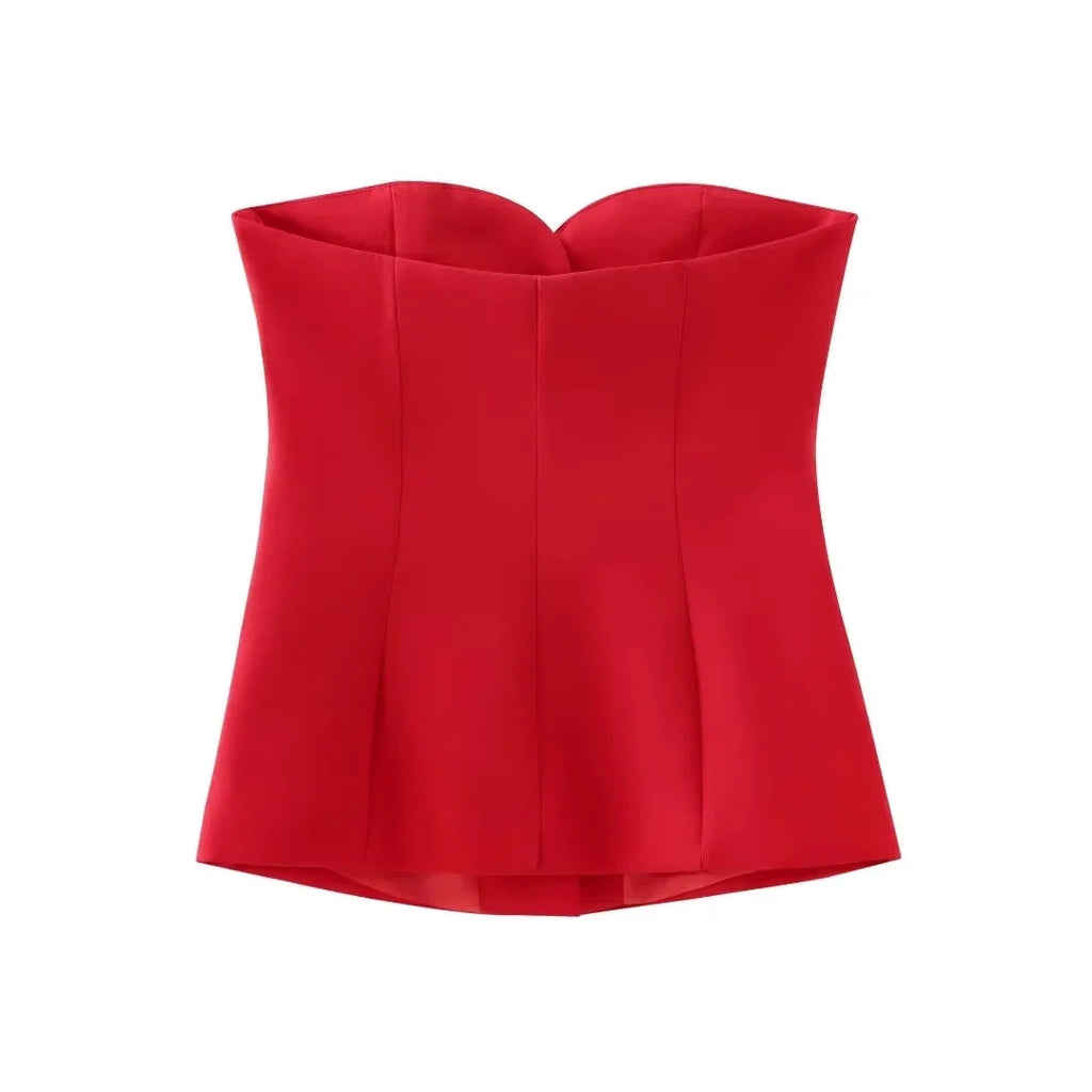 Casual Red Tube Top and Slim Slit Shorts Set for Women with Front Button Corset Detail Summer Office Lady Outfit