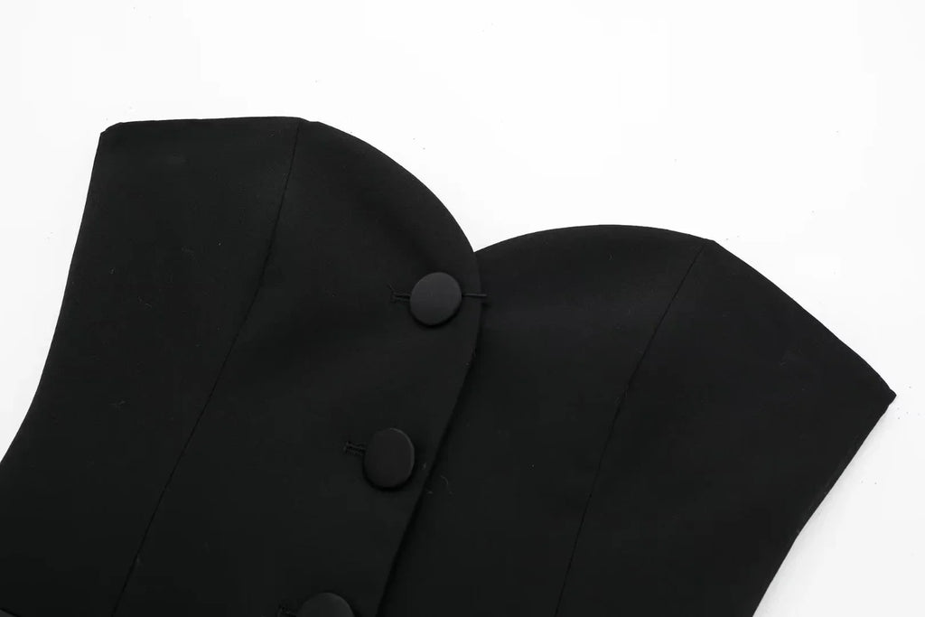 Casual Red Tube Top and Slim Slit Shorts Set for Women with Front Button Corset Detail Summer Office Lady Outfit