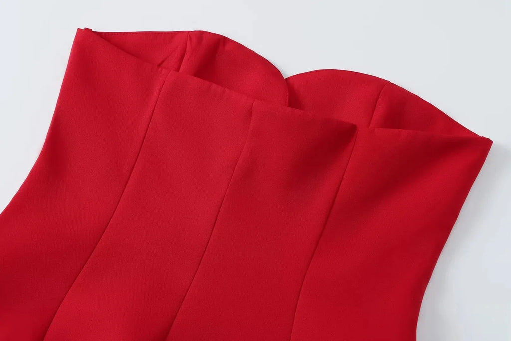 Casual Red Tube Top and Slim Slit Shorts Set for Women with Front Button Corset Detail Summer Office Lady Outfit