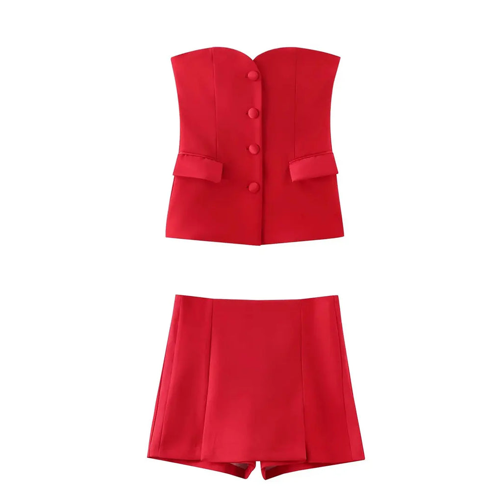 Casual Red Tube Top and Slim Slit Shorts Set for Women with Front Button Corset Detail Summer Office Lady Outfit