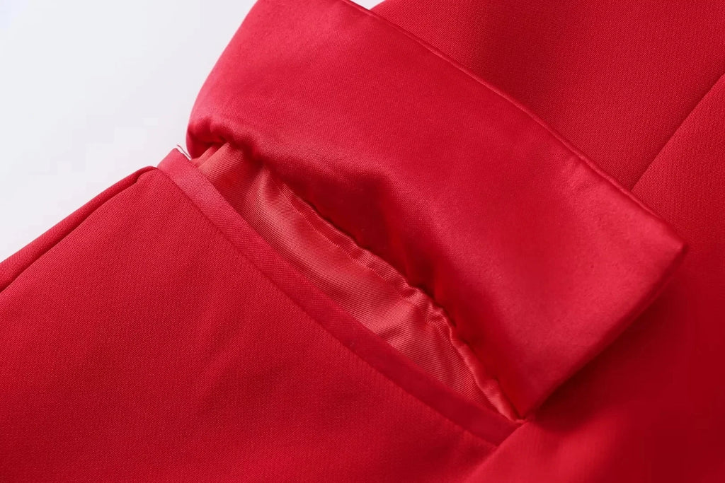 Casual Red Tube Top and Slim Slit Shorts Set for Women with Front Button Corset Detail Summer Office Lady Outfit