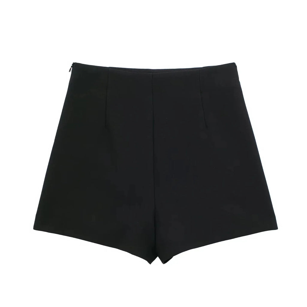 Casual Red Tube Top and Slim Slit Shorts Set for Women with Front Button Corset Detail Summer Office Lady Outfit