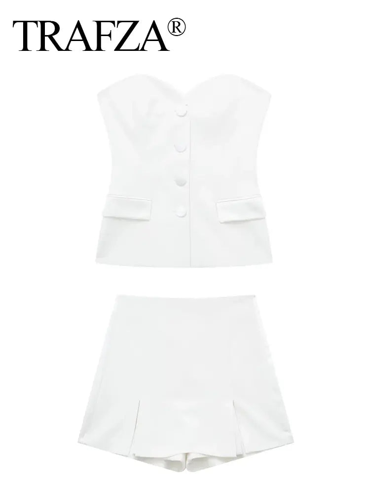 Casual Red Tube Top and Slim Slit Shorts Set for Women with Front Button Corset Detail Summer Office Lady Outfit