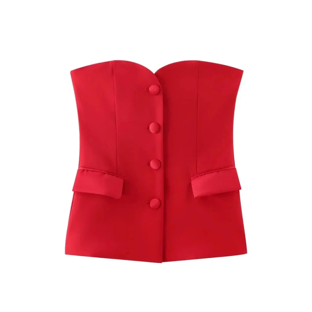 Casual Red Tube Top and Slim Slit Shorts Set for Women with Front Button Corset Detail Summer Office Lady Outfit
