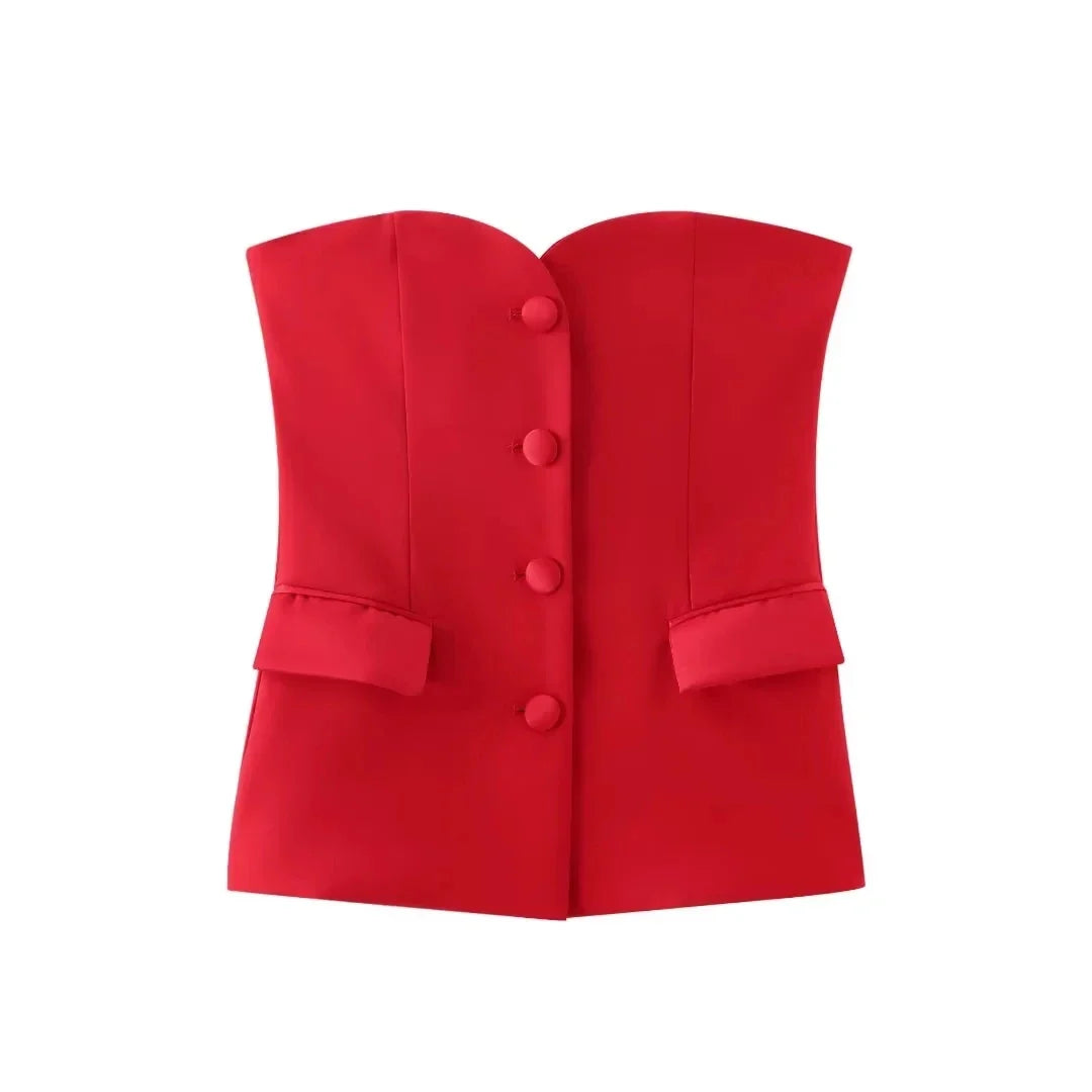 Casual Red Tube Top and Slim Slit Shorts Set for Women with Front Button Corset Detail Summer Office Lady Outfit
