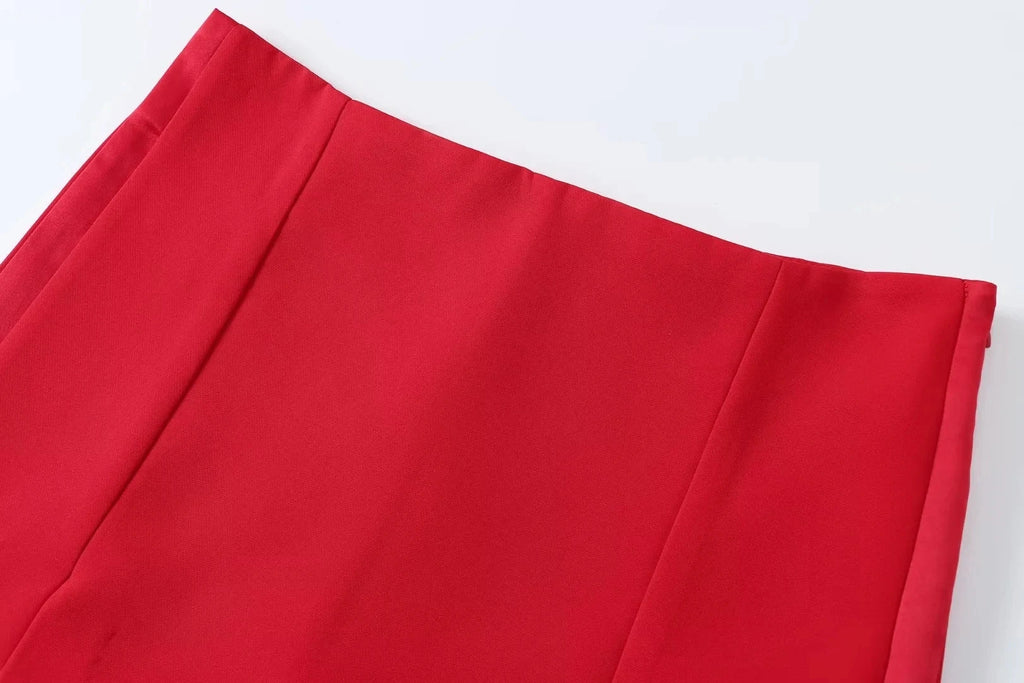 Casual Red Tube Top and Slim Slit Shorts Set for Women with Front Button Corset Detail Summer Office Lady Outfit