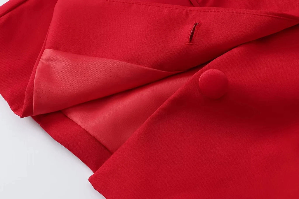 Casual Red Tube Top and Slim Slit Shorts Set for Women with Front Button Corset Detail Summer Office Lady Outfit