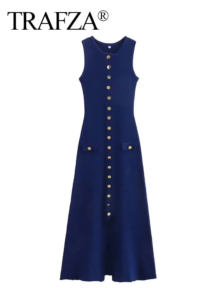 Elegant Solid Knitted Sleeveless Dress with Pockets and Single Breasted O Neck for Office Lady