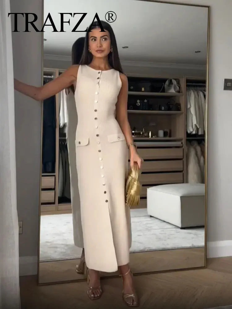 Elegant Solid Knitted Sleeveless Dress with Pockets and Single Breasted O Neck for Office Lady