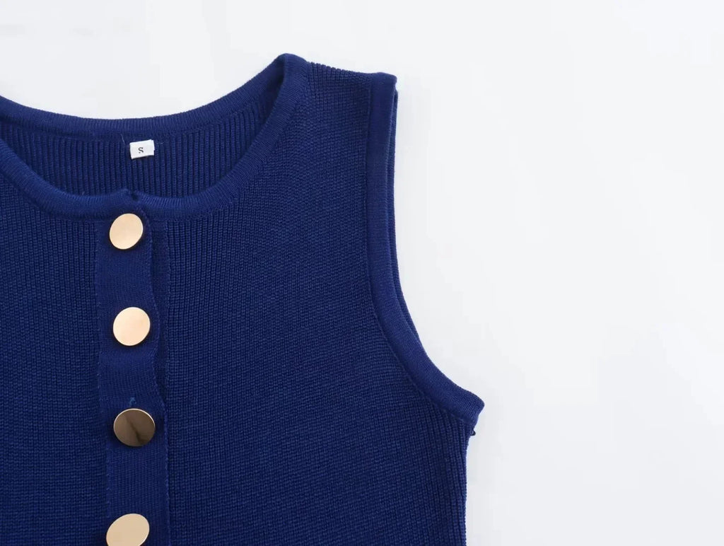 Elegant Solid Knitted Sleeveless Dress with Pockets and Single Breasted O Neck for Office Lady