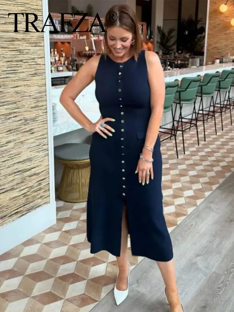 Elegant Solid Knitted Sleeveless Dress with Pockets and Single Breasted O Neck for Office Lady