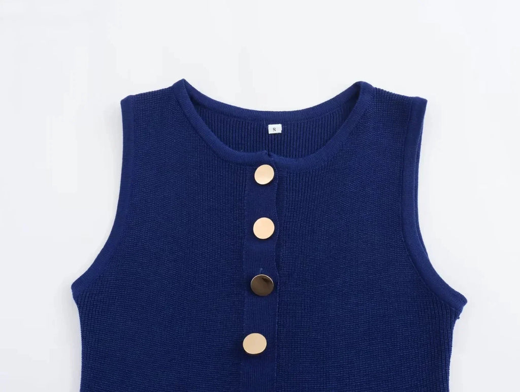 Elegant Solid Knitted Sleeveless Dress with Pockets and Single Breasted O Neck for Office Lady