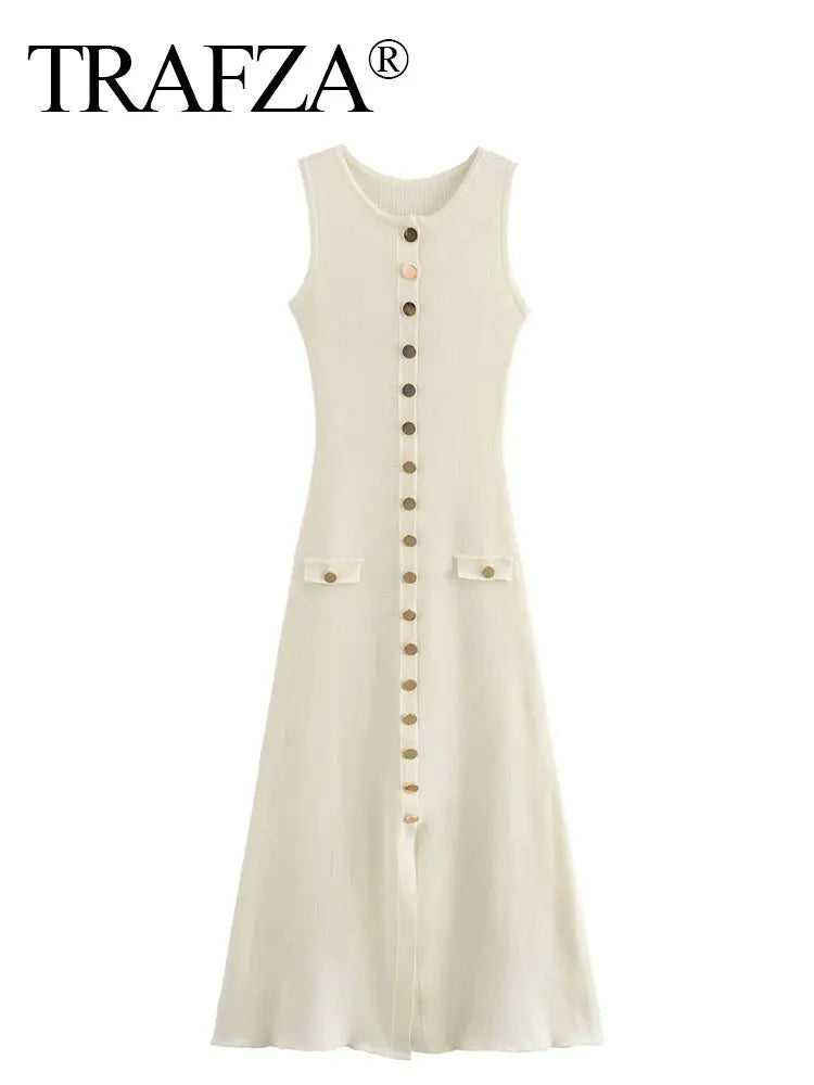 Elegant Solid Knitted Sleeveless Dress with Pockets and Single Breasted O Neck for Office Lady