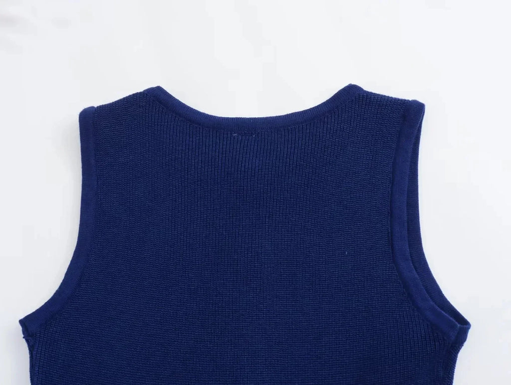 Elegant Solid Knitted Sleeveless Dress with Pockets and Single Breasted O Neck for Office Lady