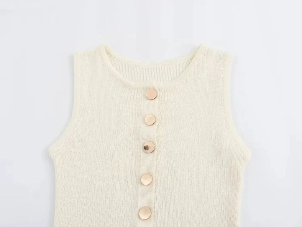 Elegant Solid Knitted Sleeveless Dress with Pockets and Single Breasted O Neck for Office Lady