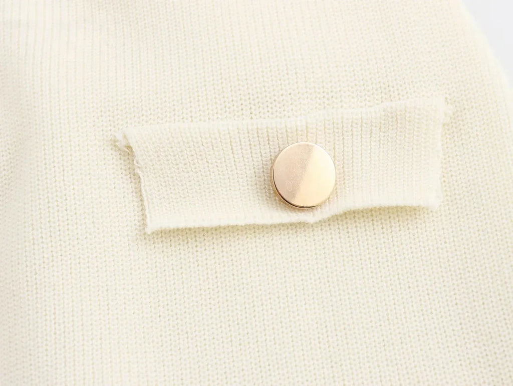 Elegant Solid Knitted Sleeveless Dress with Pockets and Single Breasted O Neck for Office Lady